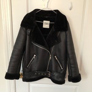 Zara women Faux Fur Leather Biker Jacket